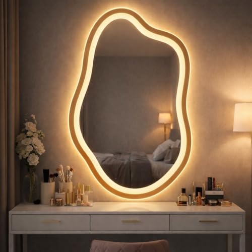 Espelho Orgânico 02 Jateado 3 Cores de LED e Touch Screen - Decorativo Lapidado Iluminação Luxo (50x80cm)
