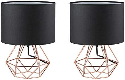 2X Modern Vintage Style Table Lamps - FRIDEKO Ecopower Minimalist Bedside Lamp Night Light Hollowed Out Cage Base with Fabric Shade Desk Lighting Fixture for Bedroom Living Kids Room, Black-Rose Gold
