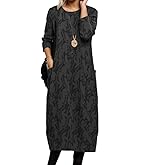 Vintage Boho Ethnic Floral Print Maxi Dress for Women Fall Crewneck Long Sleeve Tshirts Tunic Dresses with Pockets