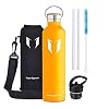 Super Sparrow Drinkfles, Rvs Waterfles 350ml,500ml,620ml,750ml,1L, Waterfles met herbruikbaar Rietje (2 Deksel…