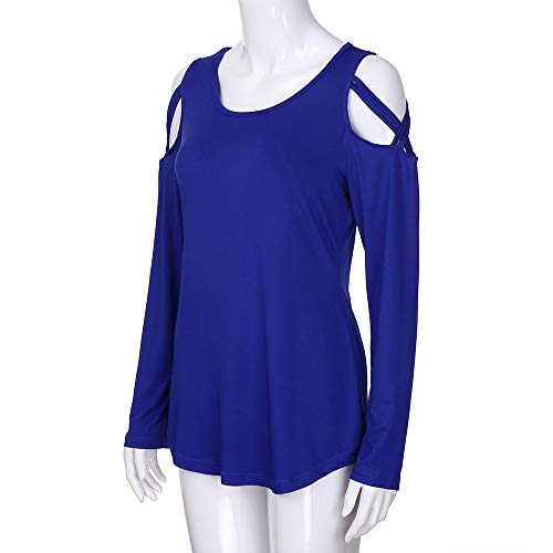Dressin_Women's Long Sleeve Strappy Cold Shoulder Solid T-Shirt Tops Blouses - Thumbnail 4