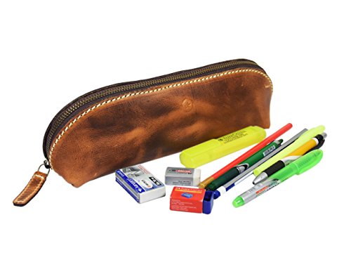 image for Vintage Leather Zippered Pen/Pencil Case | Classic Cylindrical Design 