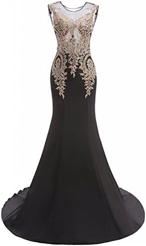 Onlylover Women's Appliques Evening Gown Sexy Sheer Neck Prom Dress Mermaid US10 Black