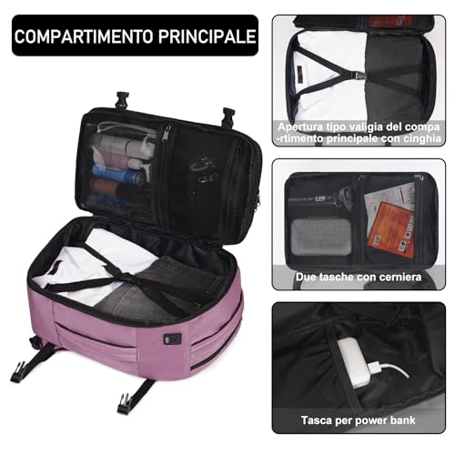 ECOHUB Ryanair Travel Backpack 40 x 20 x 25 cm 13 Pockets Hand Luggage Under the Seat Handle Eco Friendly Airplane Bag in Recycled PET 20 Litres, Patented (Pink)