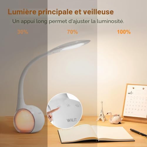 T3 Lampe de Bureau Enfant avec RGB Couleur Veilleuse, LED Lampe de Chevet Dimmable, Lampe LED Tactile avec Lumière de Couleur et 3 Niveaux de Luminosité, Blanc