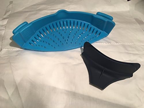 No-hands No-Fuss Clip-On Strainer. Dishwasher Safe Colander, Fit Most Pans. Suitable for Draining Pasta, Vegetables. Set includes Silicone Slip On Pour Soup Spout Funnel. Useful Kitchen Tool (BLUE)