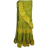 Mogul Interior Womens Wrap Around Skirt Upcycled Silk Sari Vintage Printed Full Length Flare Ruffle Maxi Skirts