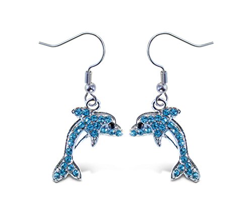 Puzzled Blue Dolphin Fish Hook Earrings, 1.5 Inch Fashionable & Elegant Jewelry Rhinestone Studded Earring for Casual Formal Attire Ocean Marine Life Themed Girls Teens Women Fashion Ear Accessory