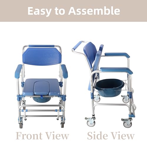 ybaymy 4-in-1 Wheeled Shower Chair, Bathroom Shower Chair with Wheels for Elderly, Waterproof Wheeled Commode Toilet Chair with Removable Bucket, Bedside Commode Chair on Wheels for the Disabled