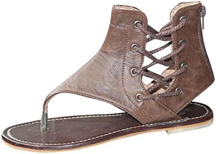 Women Summer Pinch Flat-Bottomed Roman Sandals Casual Strappy Ankle Flat Straps Beach Shoes (7.5 B (M) US, Brown)