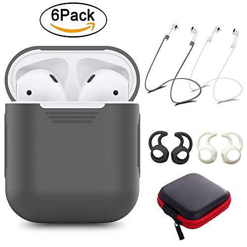 YUPING AirPods case Silicone protective cover with 2 Anti-lost Strap,2 Pairs of Ear Hook and 1 Headphone Case for Apple AirPods (6PACK)-Gray