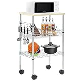 FDW Heavy Duty Utility Cart Wire 3 Tier Rolling Cart Organizer NSF Kitchen Cart on Wheels Metal Microwave Cart Large with Wire Shelving and Microwave Table Heavy Duty Commercial Grade, Wood/Chrome