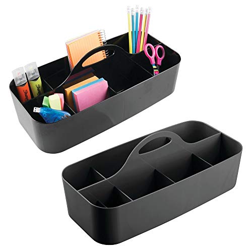 mDesign Large Office Storage Organizer Utility Tote Caddy Holder with Handle for Cabinets, Desks, Workspaces - Holds Desktop Office Supplies, Gel Pens, Pencils, Markers, Staplers - 2 Pack - Black