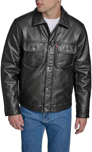 [4／10まで出品]LEVI'S TRUCKER LEATHER JACKET Levi's Men's Faux Leather Modern Trucker Jacket, Black, Small at