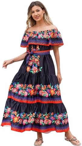 IKADEX Women Mexican Dress Off Shoulder Floral Long Maxi Dress