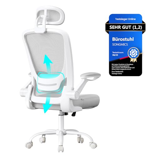 SONGMICS Bürostuhl ergonomisch, Drehstuhl mit Mesh, Lenden- und Kopfstütze, Wippfunktion, 53 cm große Sitzfläche, klappbare Armlehnen, Arbeits- und Sc