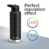 REYLEO Insulated Water Bottle with Straw Lid- 24 Oz Black, 2 Lids, 18/8 Stainless Steel Water Bottle, Keep Cold 24 Hours& Hot 8 Hours, Standard Mouth with Straw Lid