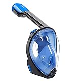 SeeWorld 180° Panoramic Full Face Snorkel Mask -Larger Viewing Area Free Breath Technology with Anti-fog and Anti-leak Snorkeling Design (Black Blue, Small/Medium)