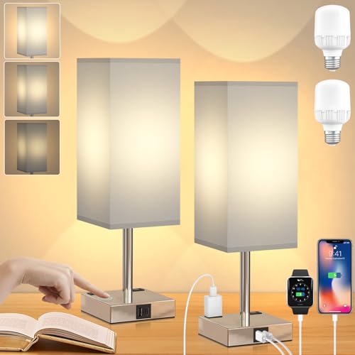 Sunsign Lámparas de Mesa táctil para 2 piezas, 3 Niveles de Brillo, lampara de noche con 2 Puertos USB (A+C) y 2 Salidas de CA, Lámpara de Lectura para habitación (bombilla incluida, Gris)
