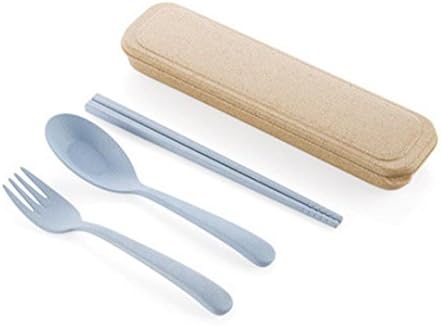 AMA(TM) 3PCS Portable Pocket Chopsticks Spoon Fork Diner Set Creative Students Outdoor Travel Camping Tableware Eating Utensil Spork Tool Kit with Case (Blue)