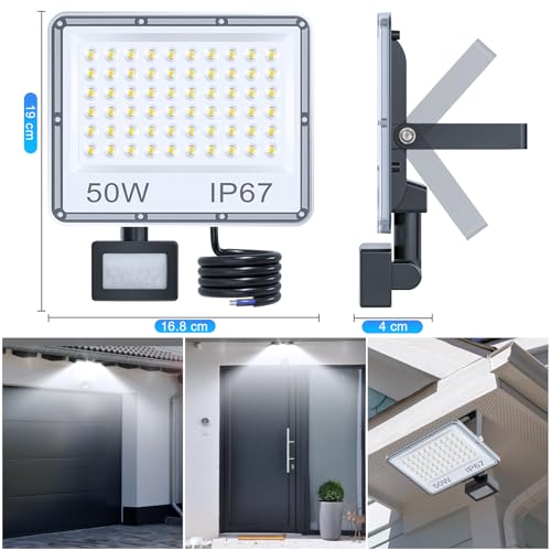 YIQIBRO Outdoor LED Motion Detector Floodlight, 50 W, 5000 LM 7000 K Outdoor LED Spotlight Motion Detector, IP67 Waterproof Outdoor Lighting for Garden, Patio, Garage