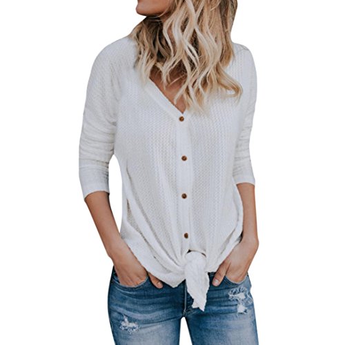 2018 Womens Loose Knit Tie Front Tunic Top Henley Bat Wing Plain Shirts Blouse by-NEWONESUN