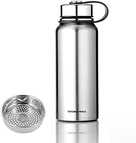Stainless Steel Water Bottle with Filter,Genjia Leak Proof Double Walled Vacuum Insusulated BPA Free Wide Mounth High Effective Hand-held Friendly Flask Thermoses for Indoor,Outdoor-1100ml/37oz,Silver