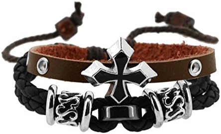 Unisex Horizontal Christian Cross Charm Leather Bracelet