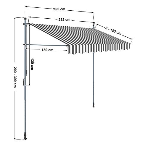 SONGMICS Klemmmarkise, 250 cm, Balkonmarkise, Sonnenschutz, Markise mit Gestell, Verstellbare Höhe 2-3 m, Grau-Weiß… – Bild 3