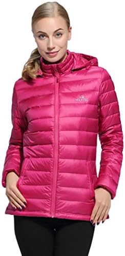 MOUNTEC Women's Premium Goose Down Jacket Packable Lightweight Down Coat-Warm With Detachable Hood