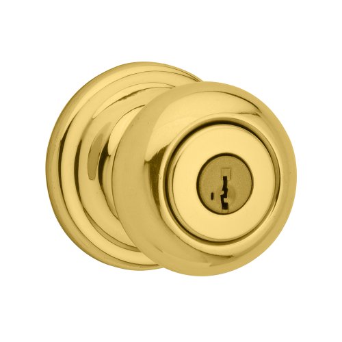 Kwikset Juno Keyed Entry Door Knob with Microban Antimicrobial Protection featuring SmartKey Security in Polished Brass