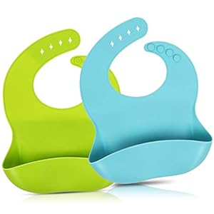 2 Pack Silicone Baby Bibs for Babies & Toddlers (6-72 Months), Waterproof, Soft, BPA Free, Easy Clean up (Blue and Green…