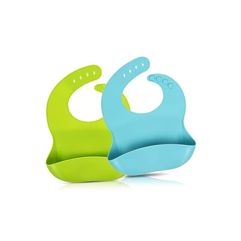 2 Pack Silicone Baby Bibs for Babies & Toddlers (6-72 Months), Waterproof, Soft, BPA Free, Easy Clean up (Blue and Green…
