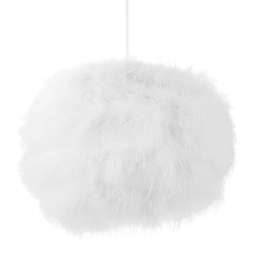 Modern and Distinctive Small Real White Fluffy Feather Decorated Pendant Light Shade | 25cm Diameter | 40w Maximum by Happy Homewares