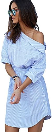 VertHome Short Sleeve Stripe Shirt Dress Off Shoulder Casual Blouse Mini Dress with Waist Strap
