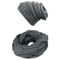 Knit Infinity Scarf Beanie Hat Set Women Winter Circle Loop Scarfs Scarves (Dark Grey)