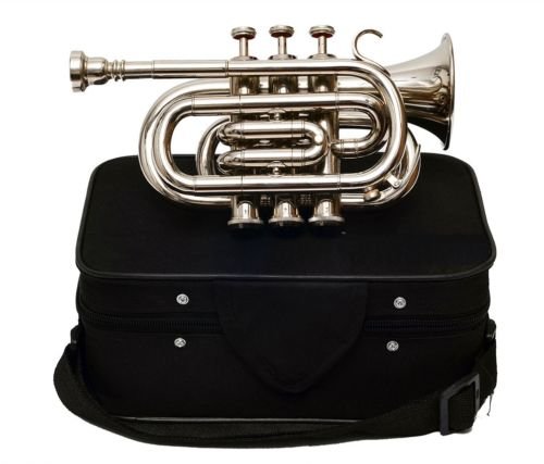 NEW POCKET TRUMPET CHROME FINISH B FLAT W/CASE+MP TRUMPET CORNET MINI POCKET
