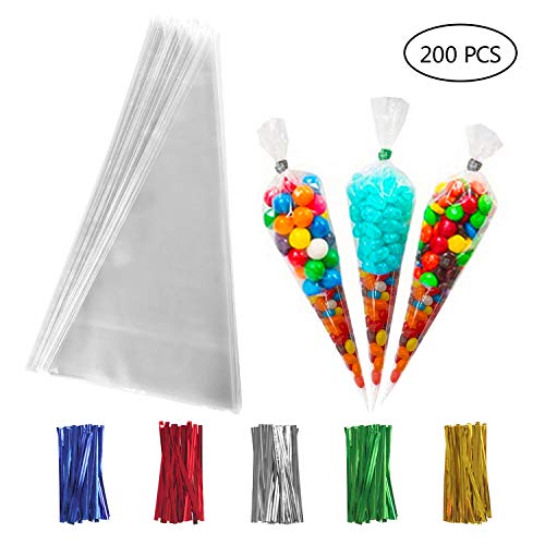 200 PCS Clear Cone Treat Bags Cellophane Cone Treat Bags Plastic Cone Bags Triangle Bags with 200 PCS Twist Ties 5 Mix Colors for Favor Candy Popcorn Handmade Cookies