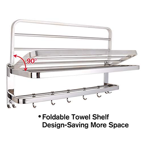 BOCCA Towel Racks for Bathroom with Double Towel Bar, 24-Inch Wall Mount Bath Rack Rustproof 304 Stainless Steel Double Layers Foldable Rail Wall Mounted Shelf Bar with Hooks