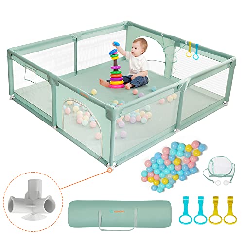 COMOMY Baby Playpen, 200 x 180 x 66 cm Baby Playpen with 50 Pit Balls, Mini Basketry and 4 Pull Rings, Baby Playpen with Soft and Breathable Mesh, Activity Center for Children, Green