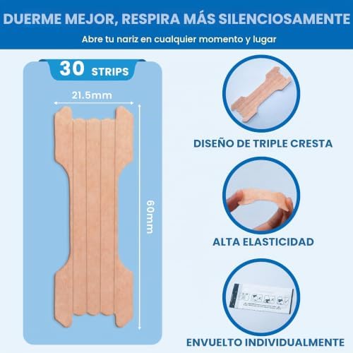 30 Tiras Nasales Antironquidos, Diseño Triple Cresta con Adhesivo de Grado Profesional, Tiras Nasales Transpirables Color Piel para Mejor Sueño, Deporte & Congestión Nasal (Color carne) — foto 2 de 8