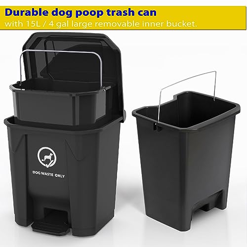 Meegood Dog Poop Trash Can for Outdoors with Pooper Scooper, 15L/4Gallon Dog Waste Trash Can with Lid and Removable Inner Waste Bin, Sturdy Rake & Poop Scooper for Dogs (Extra Free 75pcs Poop Bags)