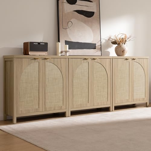 SICOTAS 34'' W Rattan Sideboard Buffet Cabinet with Storage, Boho Buffet Cuisine Arched Coffee Bar Accent Cabinet, Large Credenza Mid-Century Modern Buffet Table TV Stand for Living Room, Entryway