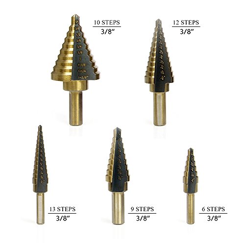 Goetland Titanium Step Drill Bits Set HSS High Speed Steel Cobalt Multiple Steps with Aluminum Case, Set of 5 pcs 50 Steps