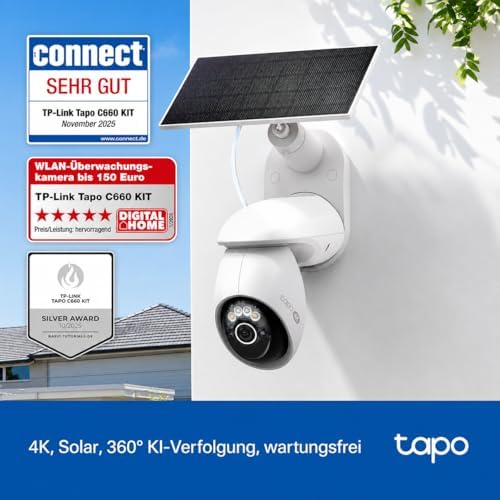 C660 KIT 4K 360° Solar Überwachungskamera Außen, Akku 10000 mAh, Farbnachtsicht, Dual-Band WLAN, KI-Erkennung, Licht & Ton Alarm, Lokale Speicherung über microSD oder Tapo H500