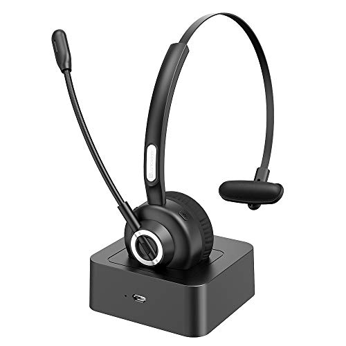 [Upgraded]Bluetooth Headset, Langsdom Wireless Bluetooth 5.0 Headset for 24 Hrs Talk Time,Soft ear pads for a comfortable fit,Wireless Headphones with Hands-Free Mic for Office Phone,Skype VOIP, Truck Driver, Call Center with Charging Dock(Black)