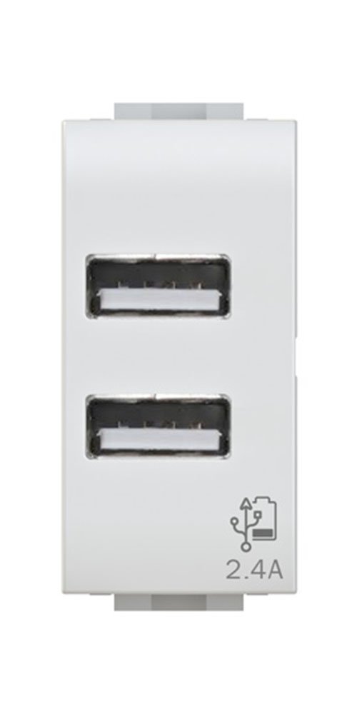 USB 2.4 A Plug to 2 Outputs on White Single Module Compatible with Bticino LIVINGLIGHT