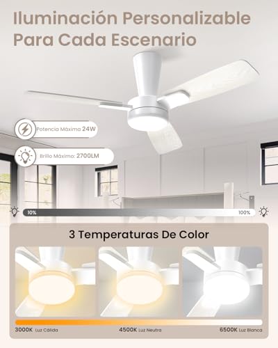 Airwit Ventilador de Techo con Luz LED, 41 Pulgadas, Motor DC Silencioso, 3 Aspas, Abanico de Techo Moderno con Control Remoto para Interior Acabado En Madera Amarilla, Color Madera Clara
