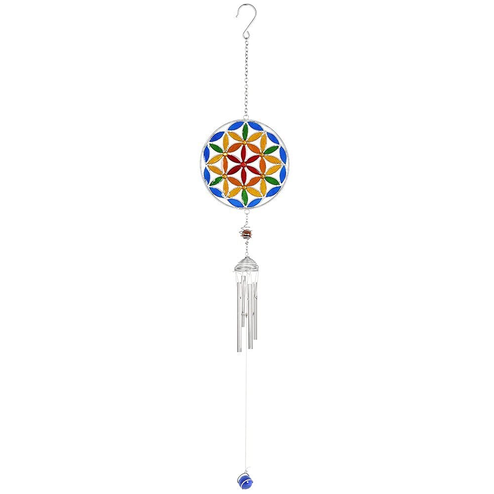 Vibrant Multicolor Metal Flower of Life Windchime - 82cm x 14cm (1 Pc.) - Delightful Exterior Ambiance & Unique & Enchanting Gift Idea - Ideal for Home Decor