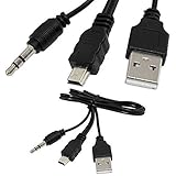 Black USB2.0 A Male to Mini B Male + 3.5mm Audio AUX Adapter Charger Cable Cord